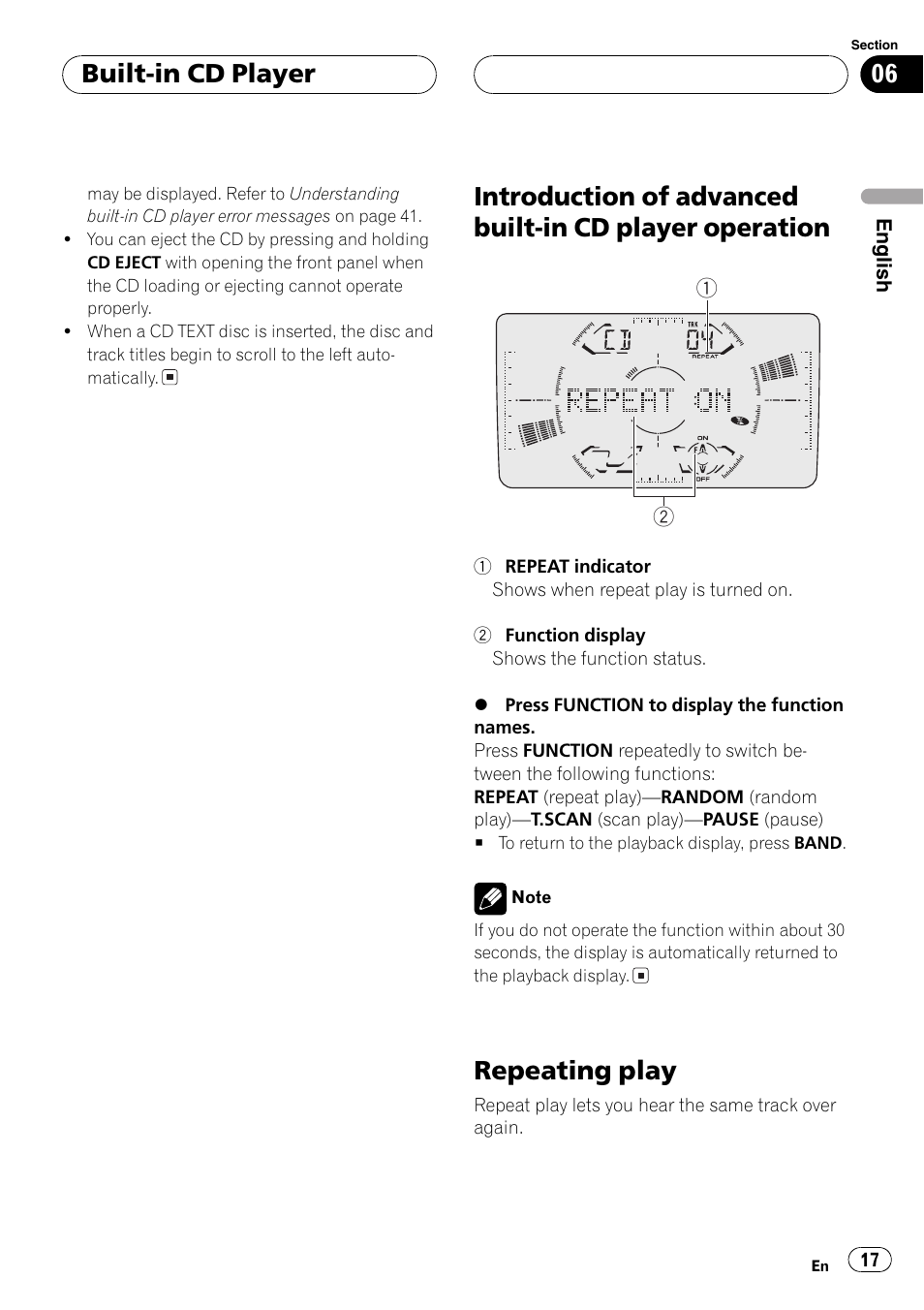 Introduction of advanced built-in cd player, Operation 17, Repeating play 17 | Repeating play, Built-in cd player | Pioneer FH-P6200 User Manual | Page 17 / 44