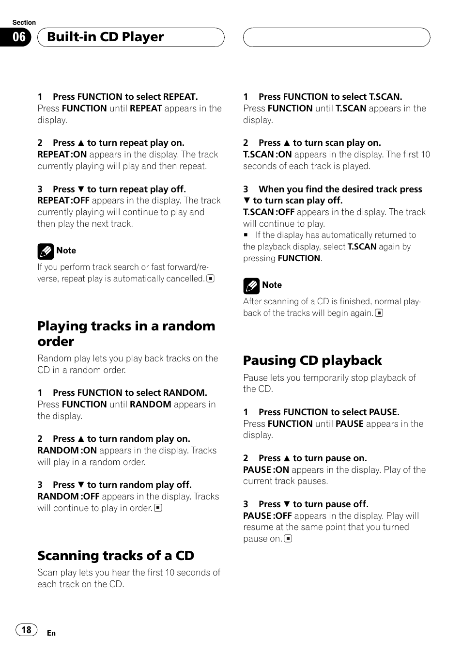 Playing tracks in a random order, Scanning tracks of a cd, Pausing cd playback | Built-in cd player | Pioneer FH-P6200 User Manual | Page 18 / 44