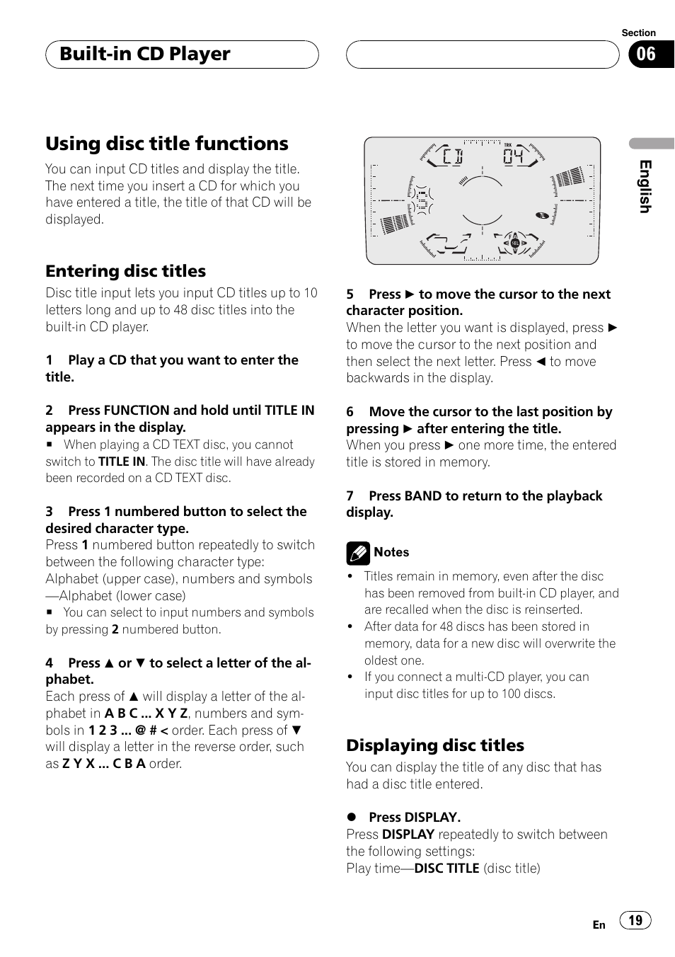 Using disc title functions 19, Entering disc titles 19, Displaying disc titles 19 | Using disc title functions, Built-in cd player, Entering disc titles, Displaying disc titles | Pioneer FH-P6200 User Manual | Page 19 / 44