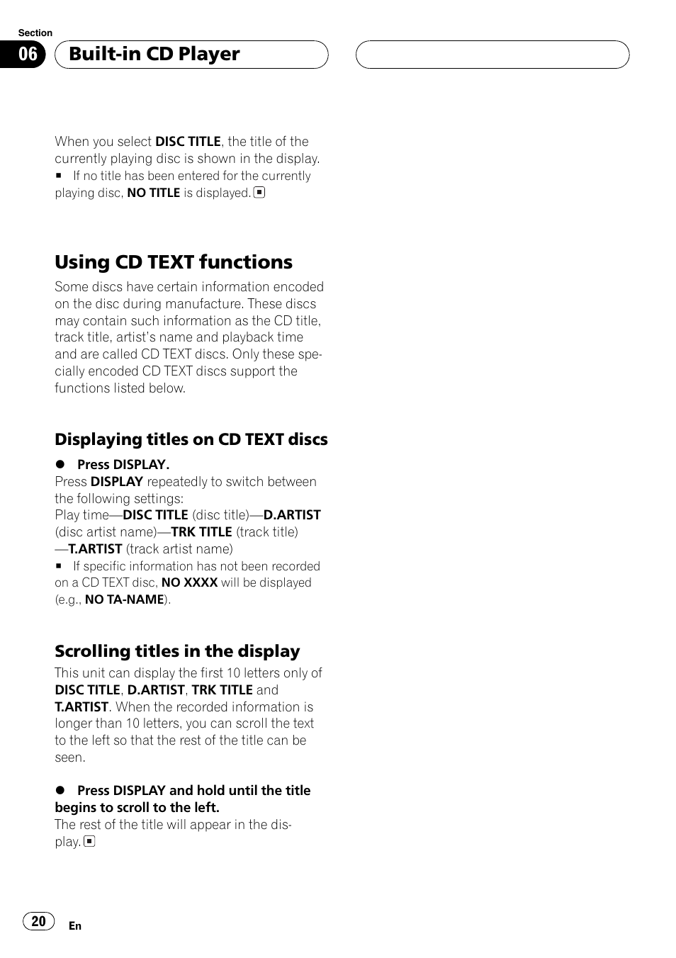 Using cd text functions 20, Displaying titles on cd text, Discs 20 | Scrolling titles in the display 20, Using cd text functions, Built-in cd player | Pioneer FH-P6200 User Manual | Page 20 / 44