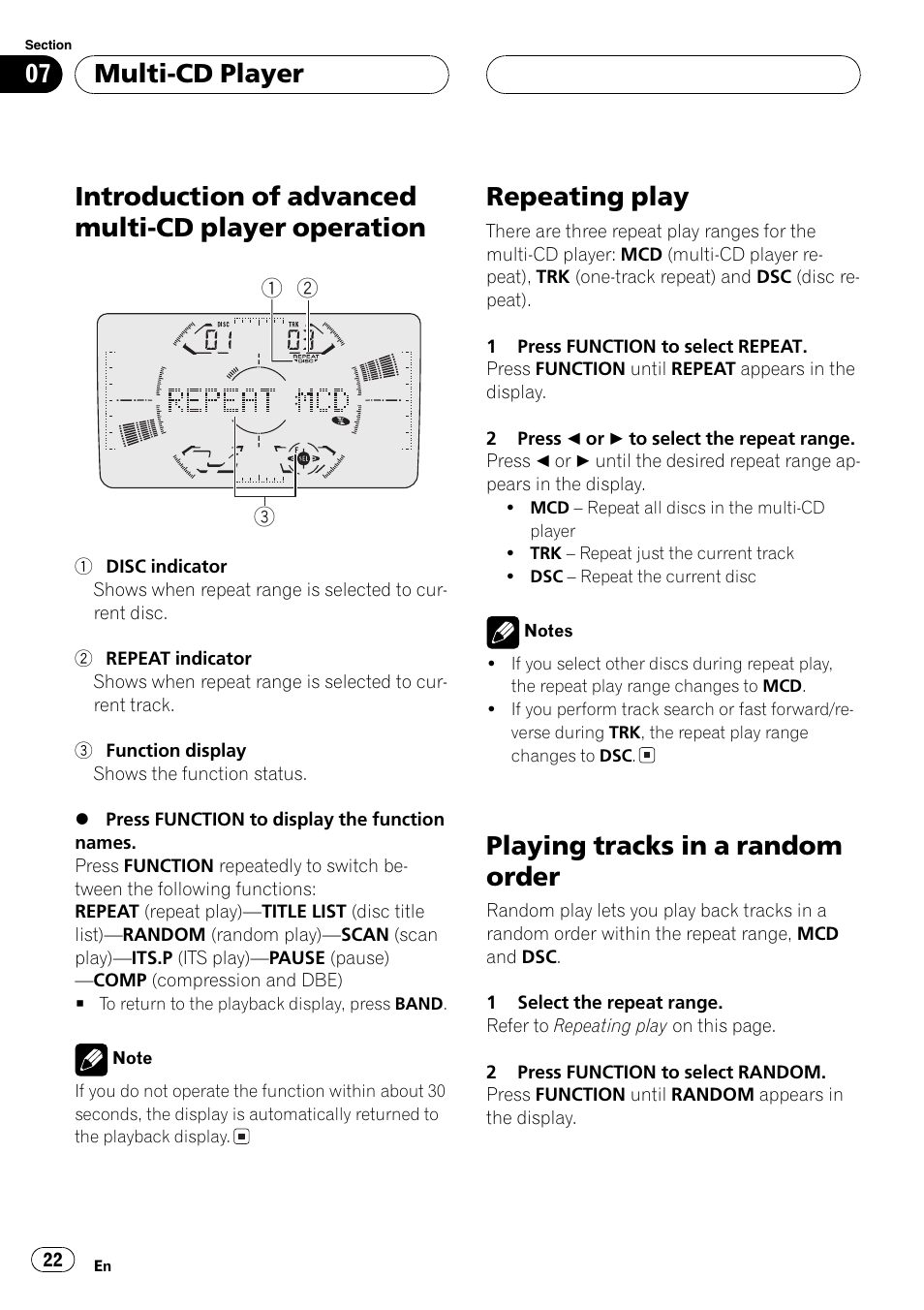 Introduction of advanced multi-cd player, Operation 22, Introduction of advanced multi-cd player operation | Repeating play, Playing tracks in a random order, Multi-cd player | Pioneer FH-P6200 User Manual | Page 22 / 44