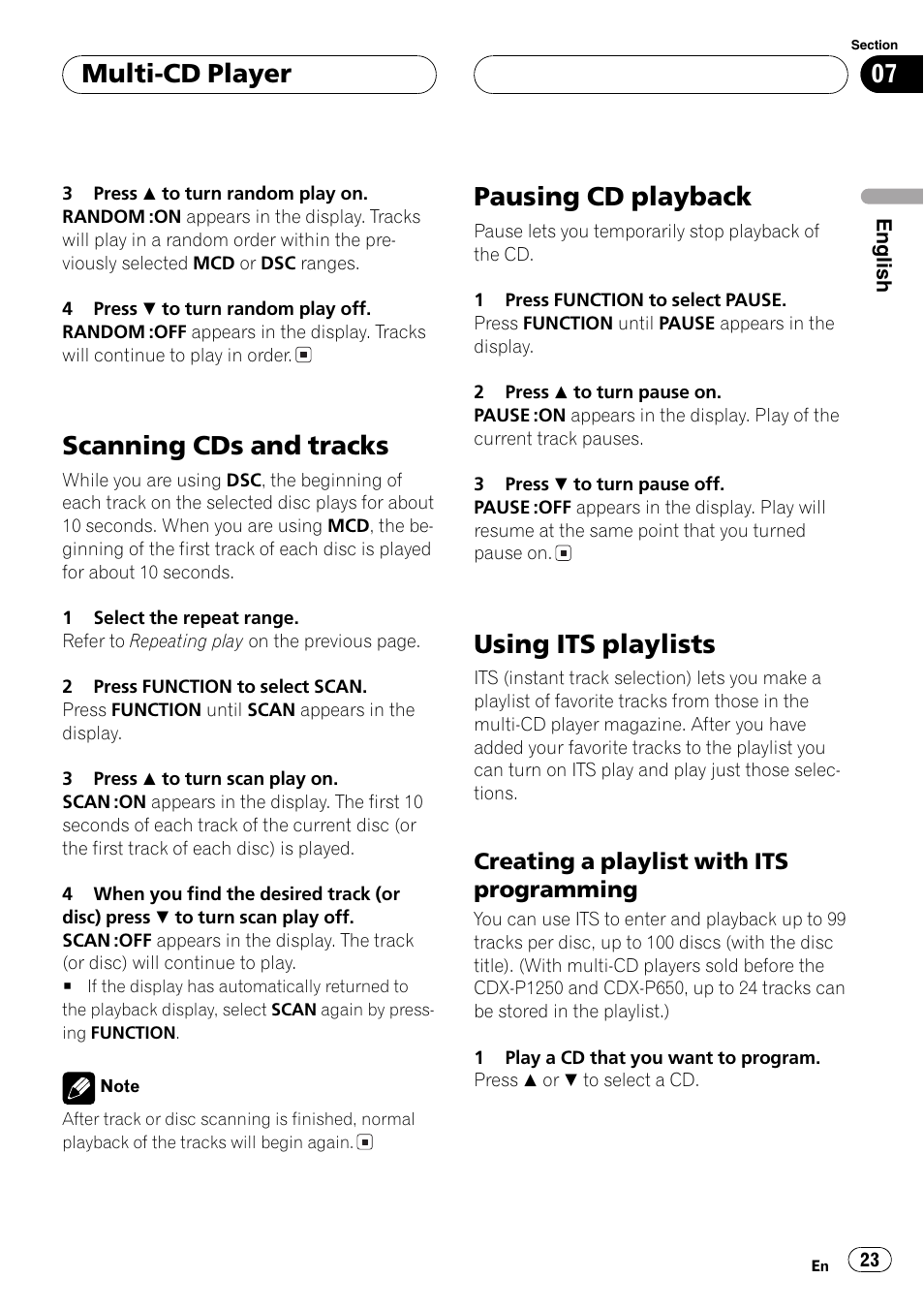 Creating a playlist with its, Programming 23, Scanning cds and tracks | Pausing cd playback, Using its playlists, Multi-cd player | Pioneer FH-P6200 User Manual | Page 23 / 44