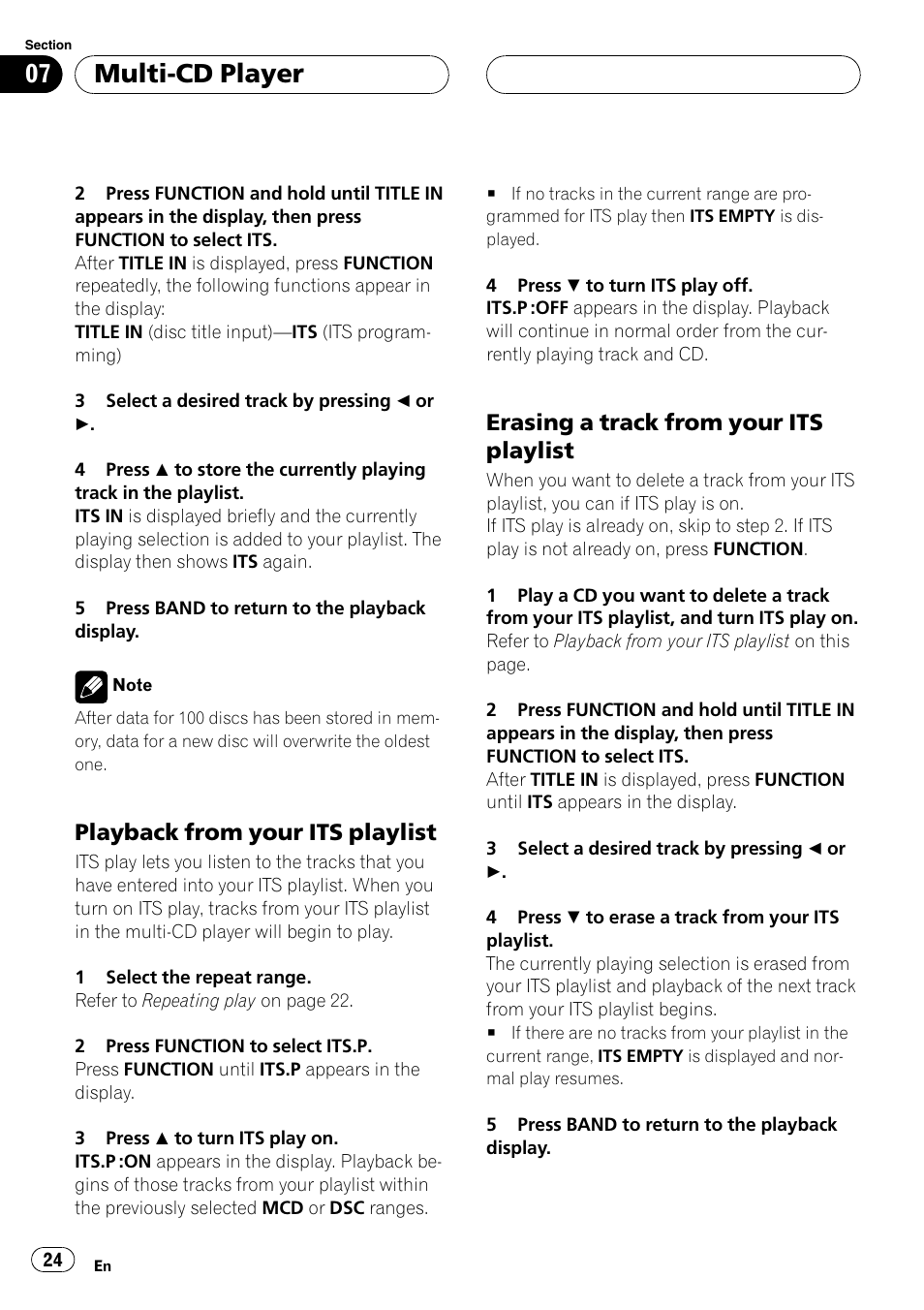 Playback from your its playlist 24, Erasing a track from your its, Playlist 24 | Multi-cd player, Playback from your its playlist, Erasing a track from your its playlist | Pioneer FH-P6200 User Manual | Page 24 / 44