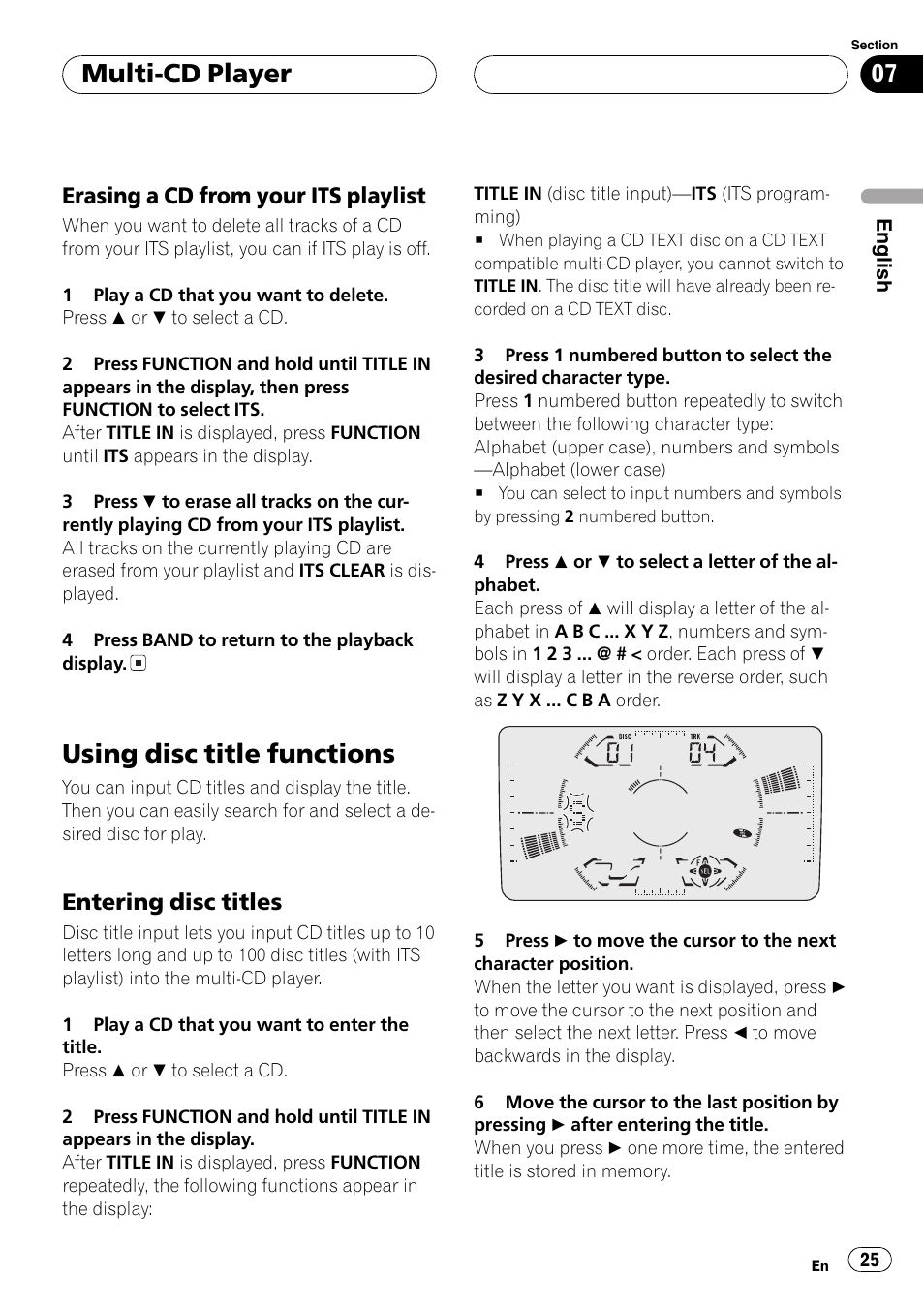 Erasing a cd from your its, Playlist 25, Using disc title functions 25 | Entering disc titles 25, Using disc title functions, Multi-cd player, Erasing a cd from your its playlist, Entering disc titles | Pioneer FH-P6200 User Manual | Page 25 / 44