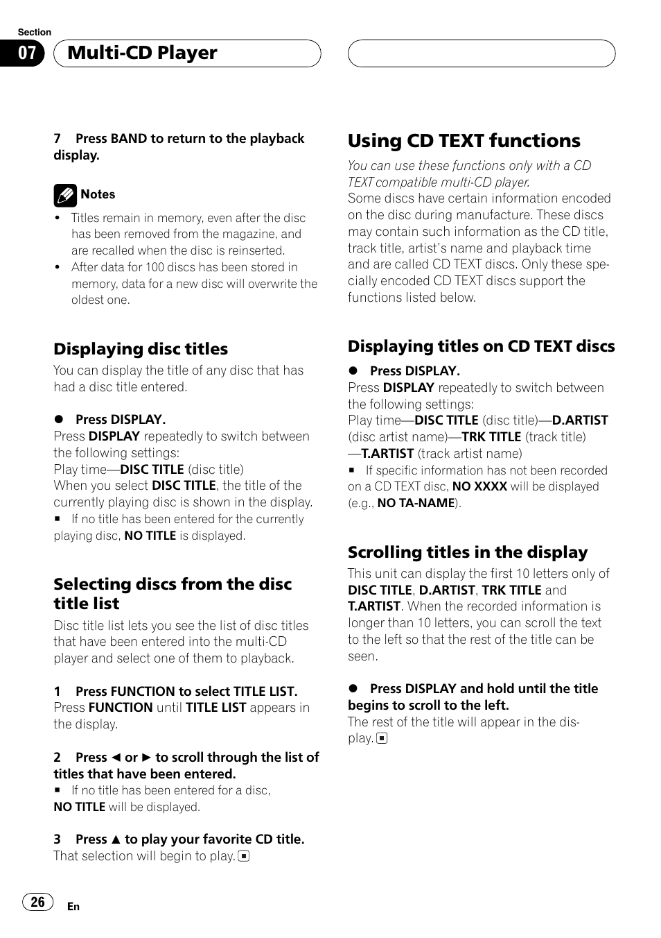 Displaying disc titles 26, Selecting discs from the disc title, List 26 | Using cd text functions 26, Displaying titles on cd text, Discs 26, Scrolling titles in the display 26, Using cd text functions, Multi-cd player, Displaying disc titles | Pioneer FH-P6200 User Manual | Page 26 / 44