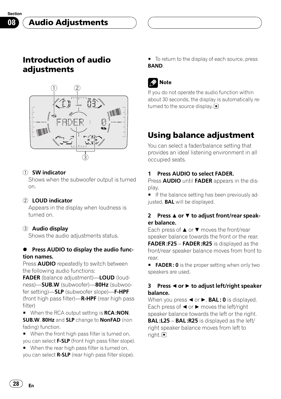 Introduction of audio adjustments, Using balance adjustment, Audio adjustments | Pioneer FH-P6200 User Manual | Page 28 / 44