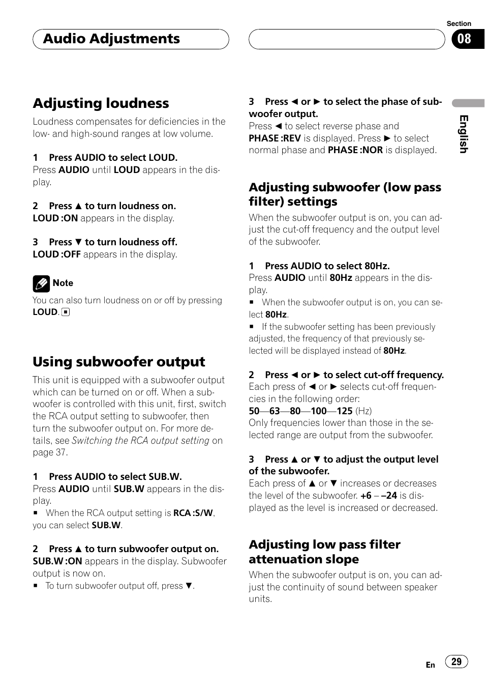 Adjusting loudness 29 using subwoofer output 29, Adjusting subwoofer (low pass filter), Settings 29 | Adjusting low pass filter attenuation, Slope 29, Adjusting loudness, Using subwoofer output, Audio adjustments | Pioneer FH-P6200 User Manual | Page 29 / 44