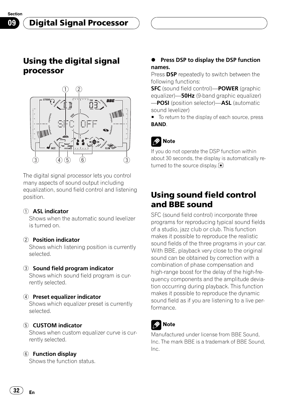 Sound 32, Using the digital signal processor, Using sound field control and bbe sound | Digital signal processor | Pioneer FH-P6200 User Manual | Page 32 / 44