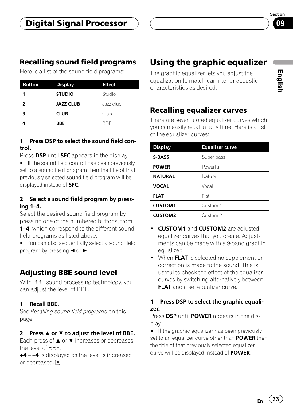 Recalling sound field programs 33, Adjusting bbe sound level 33, Using the graphic equalizer 33 | Recalling equalizer curves 33, Using the graphic equalizer, Digital signal processor, Recalling sound field programs, Adjusting bbe sound level, Recalling equalizer curves | Pioneer FH-P6200 User Manual | Page 33 / 44