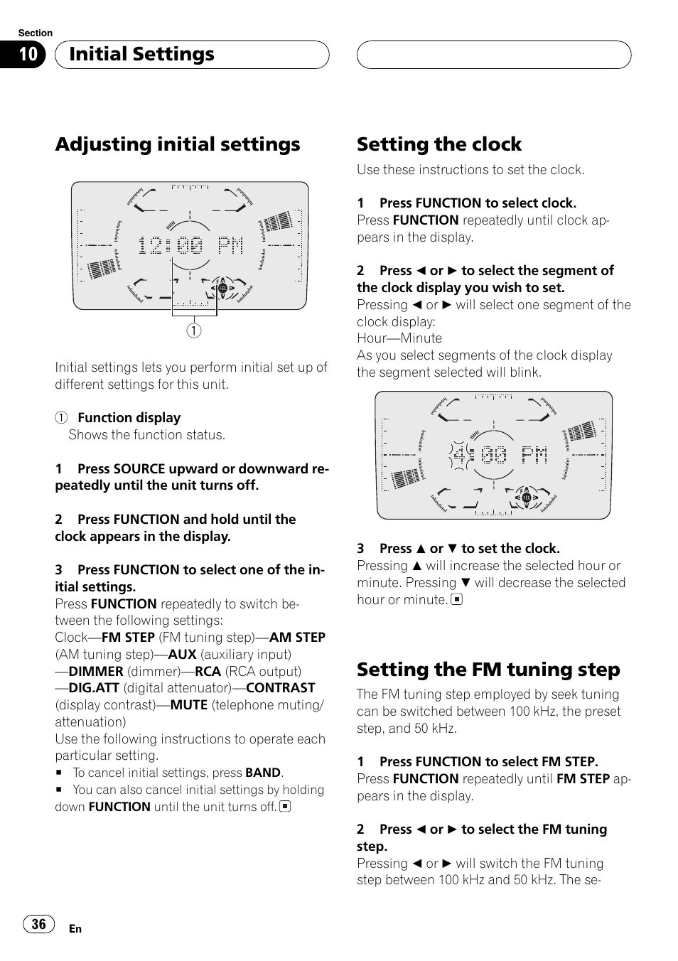 Adjusting initial settings, Setting the clock, Setting the fm tuning step | Initial settings | Pioneer FH-P6200 User Manual | Page 36 / 44