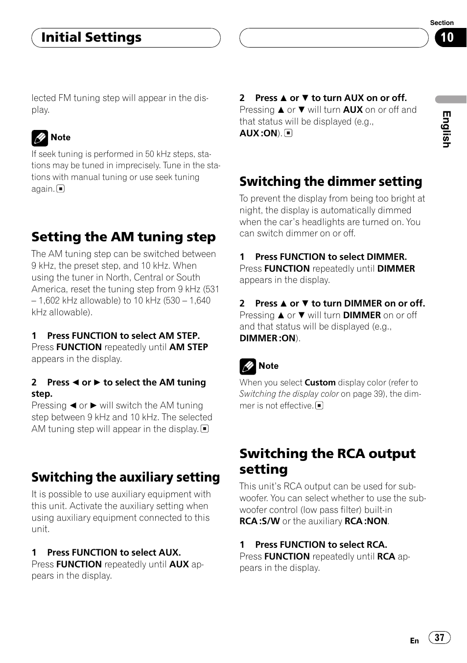 Setting the am tuning step, Switching the auxiliary setting, Switching the dimmer setting | Switching the rca output setting, Initial settings | Pioneer FH-P6200 User Manual | Page 37 / 44
