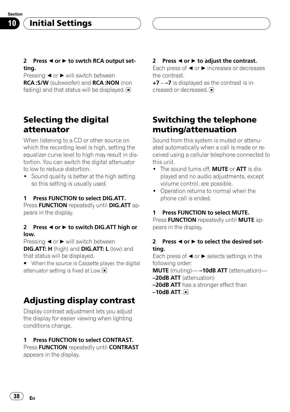 Attenuation 38, Selecting the digital attenuator, Adjusting display contrast | Switching the telephone muting/attenuation, Initial settings | Pioneer FH-P6200 User Manual | Page 38 / 44