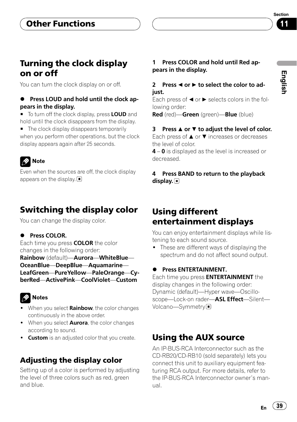 Adjusting the display color 39, Turning the clock display on or off, Switching the display color | Using different entertainment displays, Using the aux source, Other functions | Pioneer FH-P6200 User Manual | Page 39 / 44