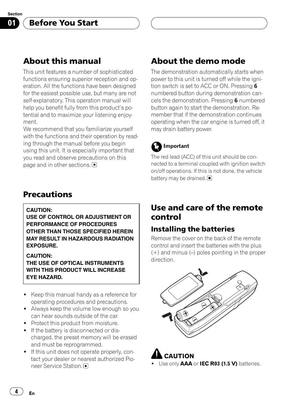 Installing the batteries 4, About this manual, Precautions | About the demo mode, Use and care of the remote control, Before you start | Pioneer FH-P6200 User Manual | Page 4 / 44