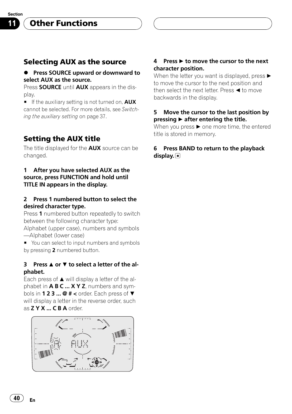 Selecting aux as the source 40, Setting the aux title 40, Other functions | Selecting aux as the source, Setting the aux title | Pioneer FH-P6200 User Manual | Page 40 / 44