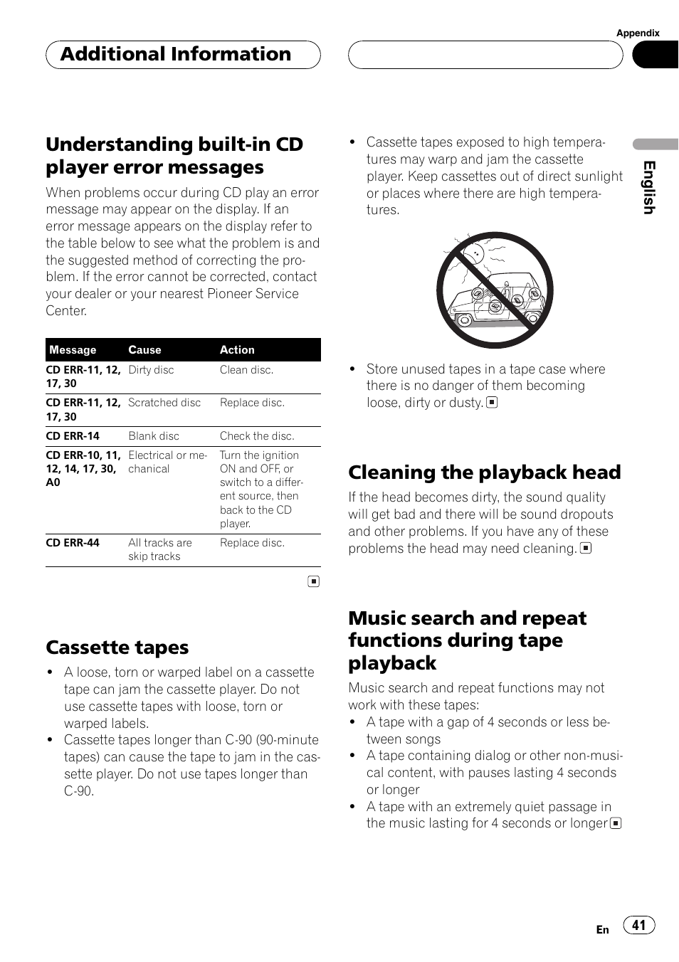 Messages 41, Tape playback 41, Understanding built-in cd player error messages | Cassette tapes, Cleaning the playback head, Additional information | Pioneer FH-P6200 User Manual | Page 41 / 44