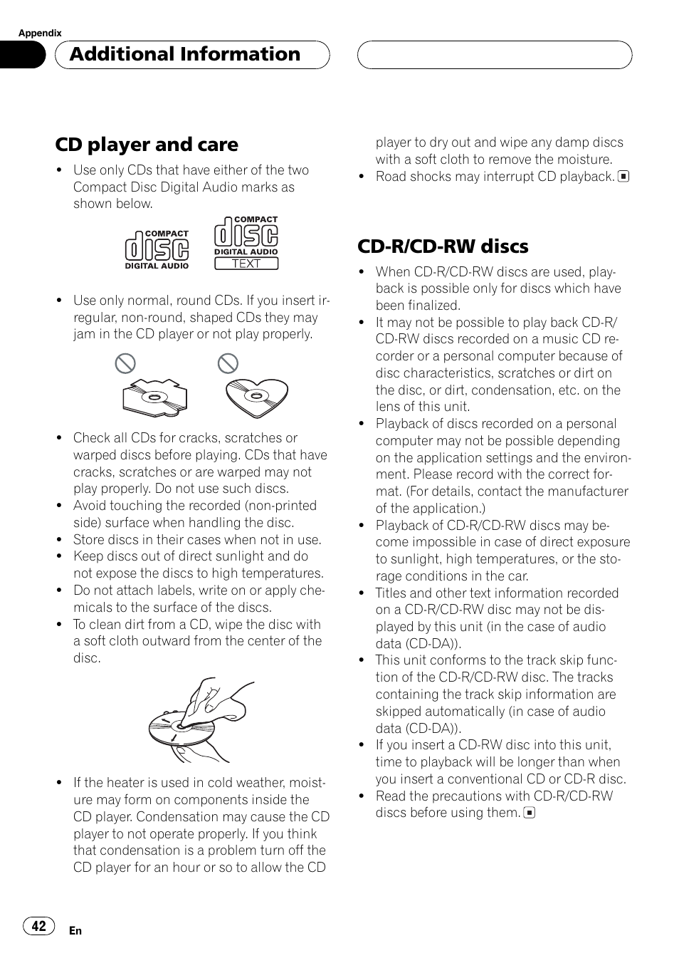 Cd player and care 42 cd-r/cd-rw discs 42, Cd player and care, Cd-r/cd-rw discs | Additional information | Pioneer FH-P6200 User Manual | Page 42 / 44