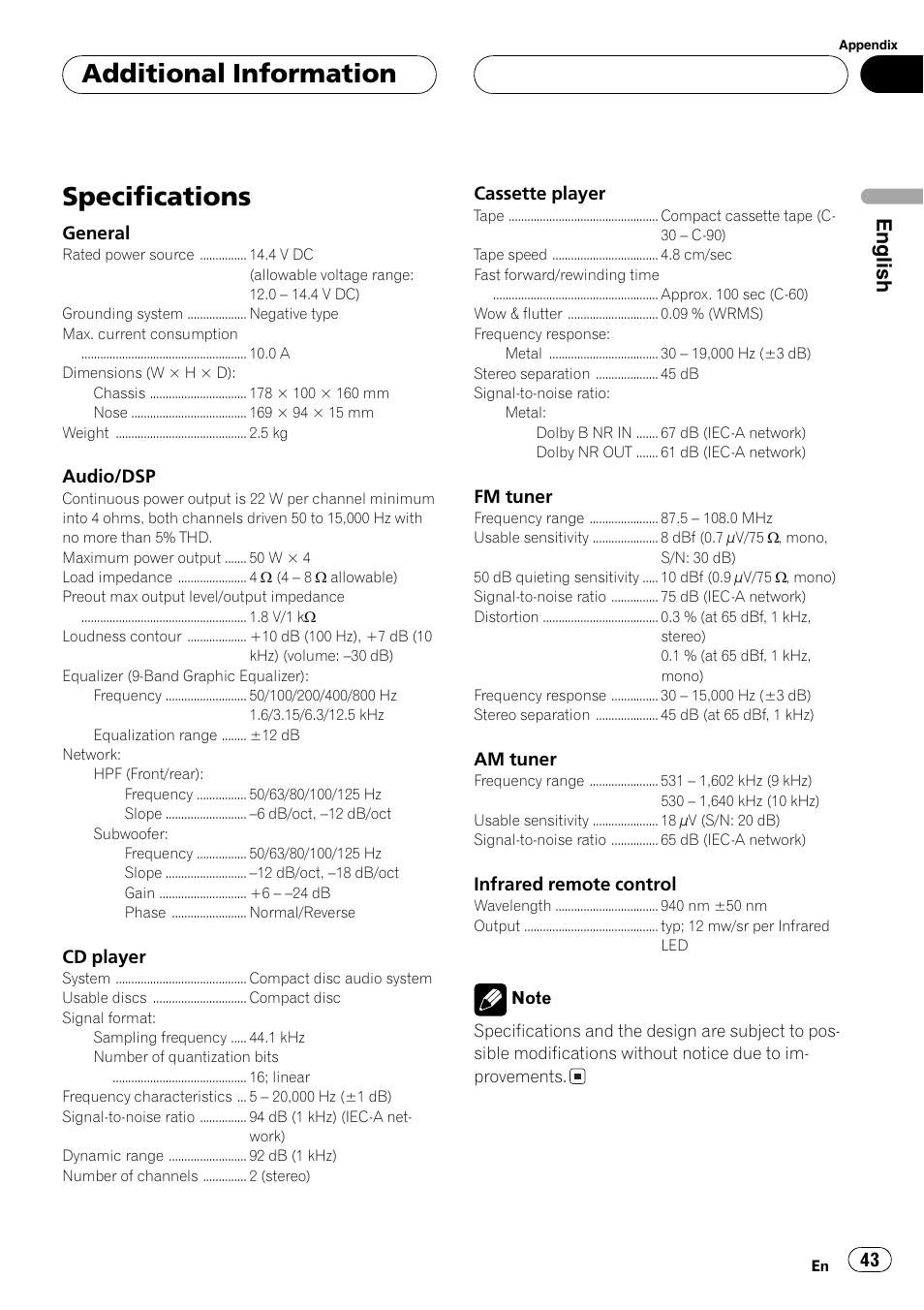 Specifications 43, Specifications, Additional information | English | Pioneer FH-P6200 User Manual | Page 43 / 44