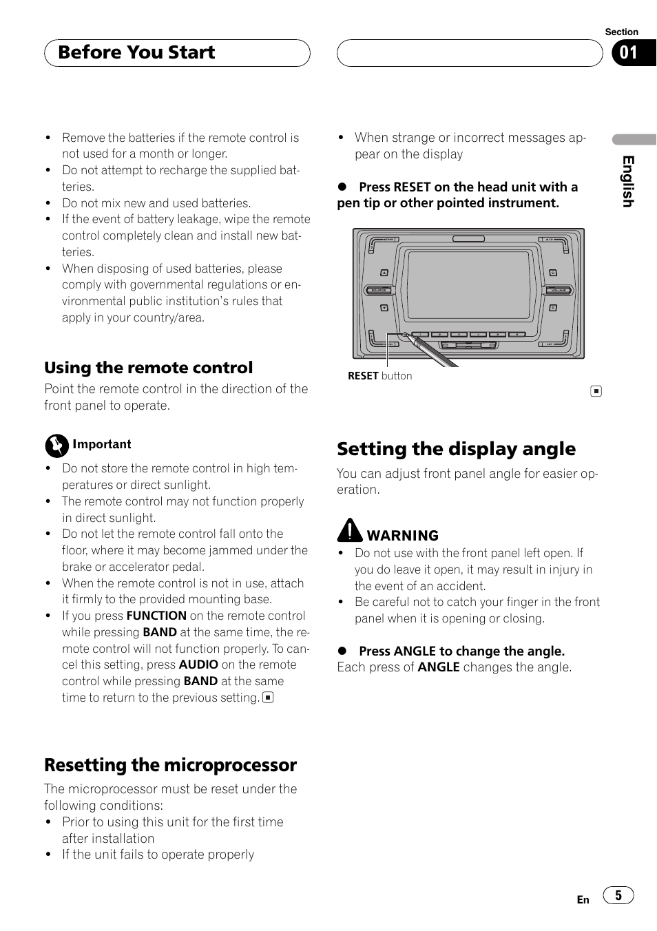 Using the remote control 5, Resetting the microprocessor, Setting the display angle | Before you start, Using the remote control | Pioneer FH-P6200 User Manual | Page 5 / 44