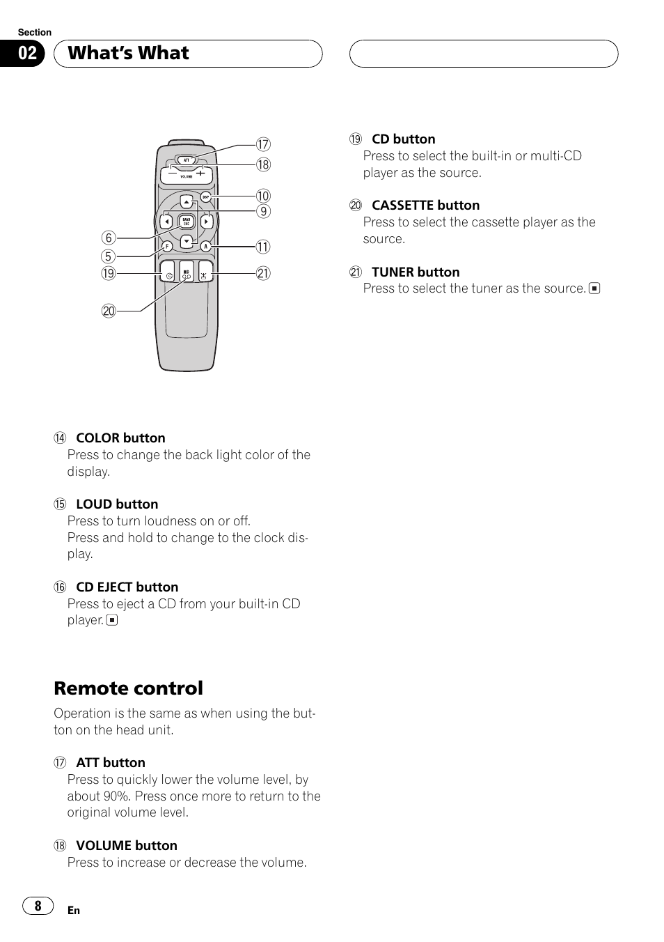 Remote control 8, Remote control, Whats what | Pioneer FH-P6200 User Manual | Page 8 / 44