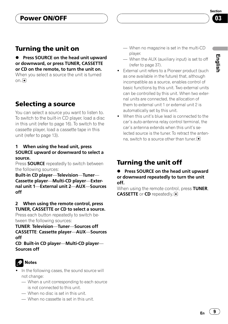 Turning the unit on, Selecting a source, Turning the unit off | Power on/off | Pioneer FH-P6200 User Manual | Page 9 / 44