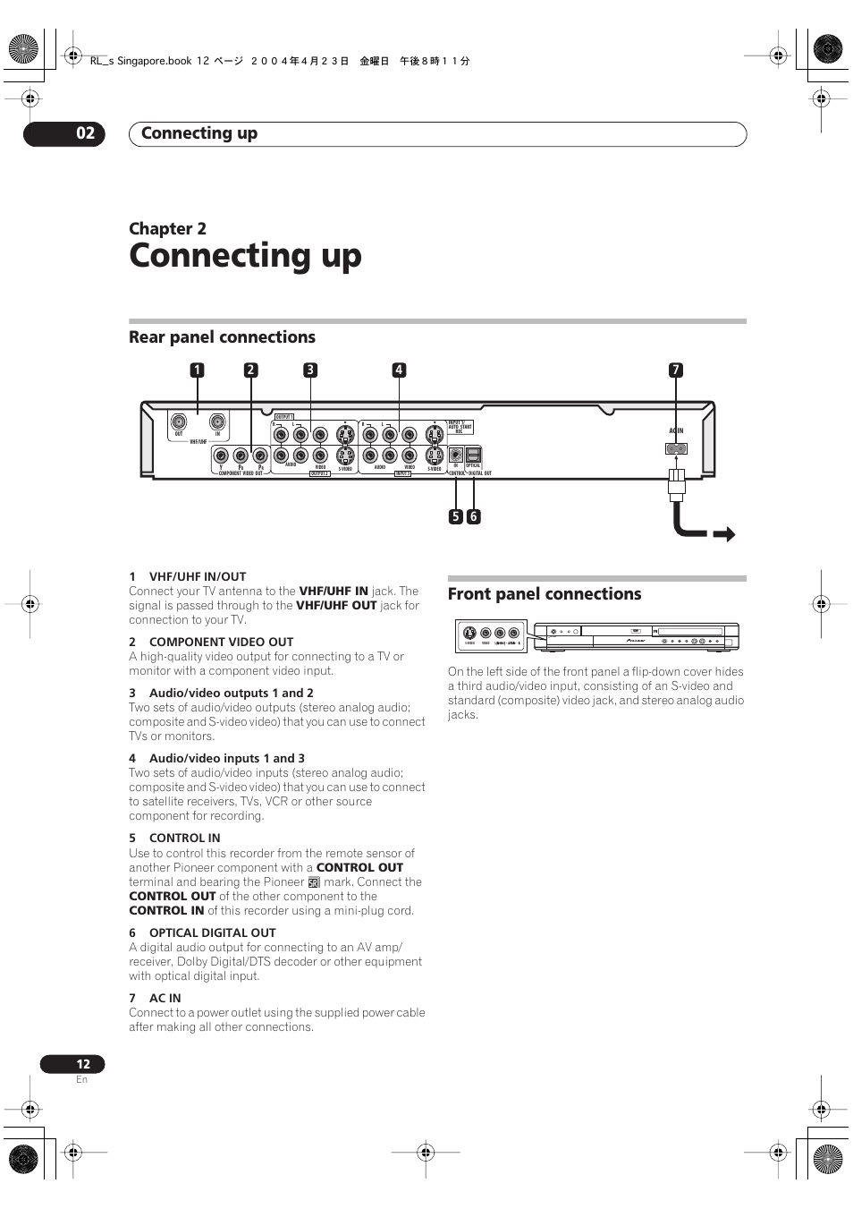 02 connecting up, Rear panel connections, Front panel connections | Connecting up, Connecting up 02, Chapter 2 | Pioneer DVR-320-S User Manual | Page 12 / 100