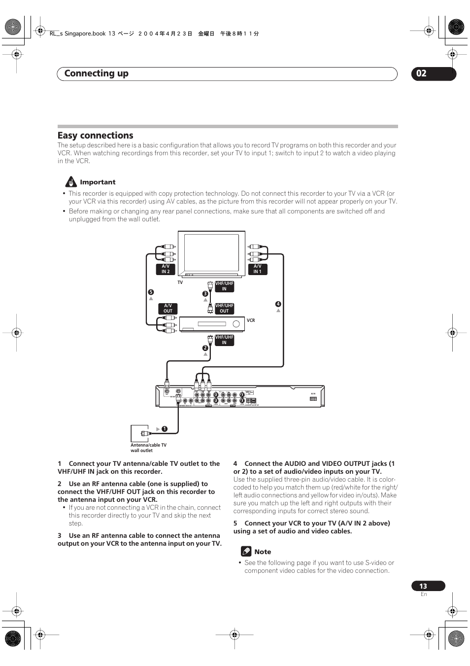 Easy connections, Connecting up 02, Important | Pioneer DVR-320-S User Manual | Page 13 / 100