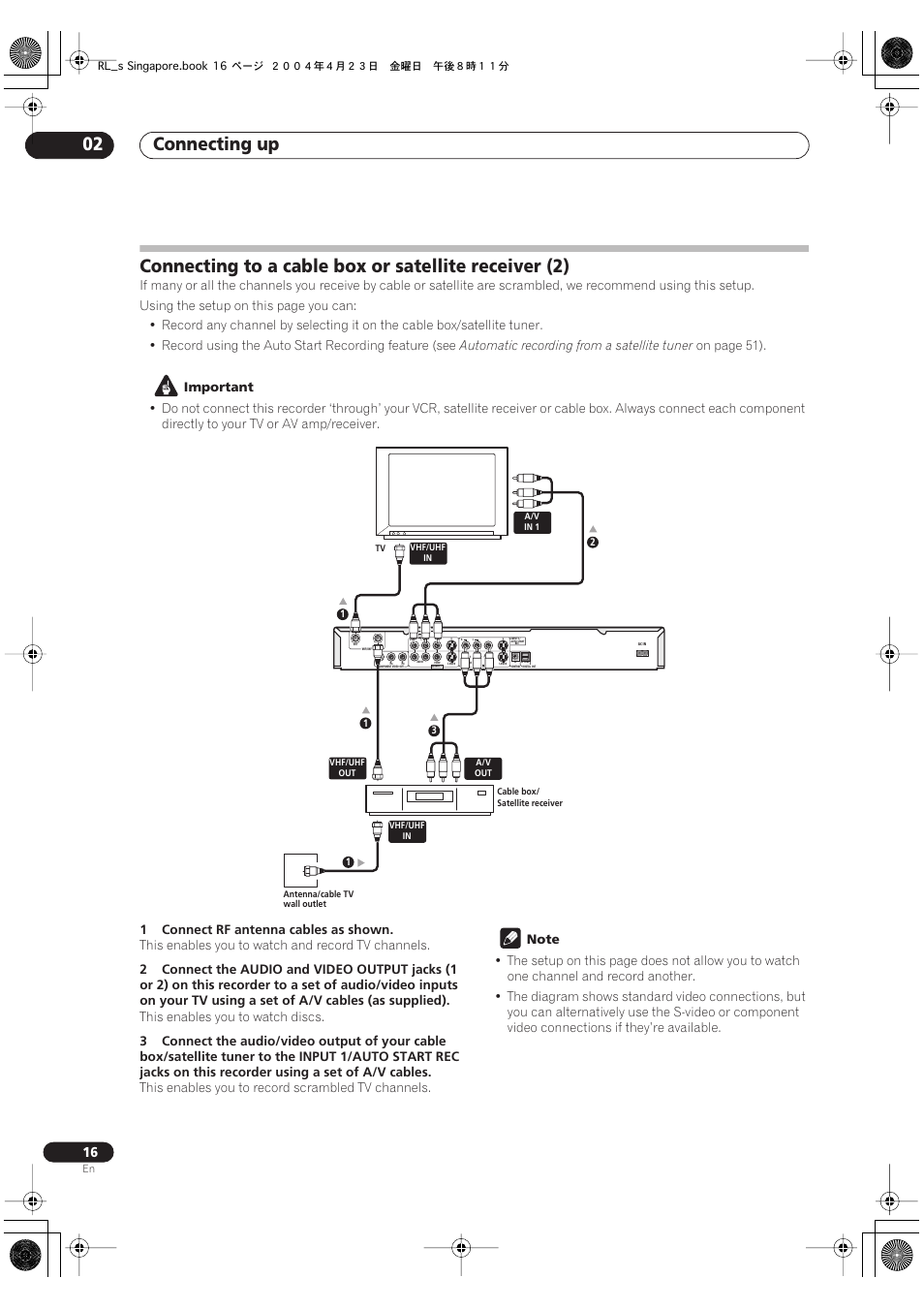 Connecting up 02, Automatic recording from a satellite tuner, On page 51) | Important, 1connect rf antenna cables as shown, This enables you to watch and record tv channels, This enables you to watch discs, This enables you to record scrambled tv channels | Pioneer DVR-320-S User Manual | Page 16 / 100