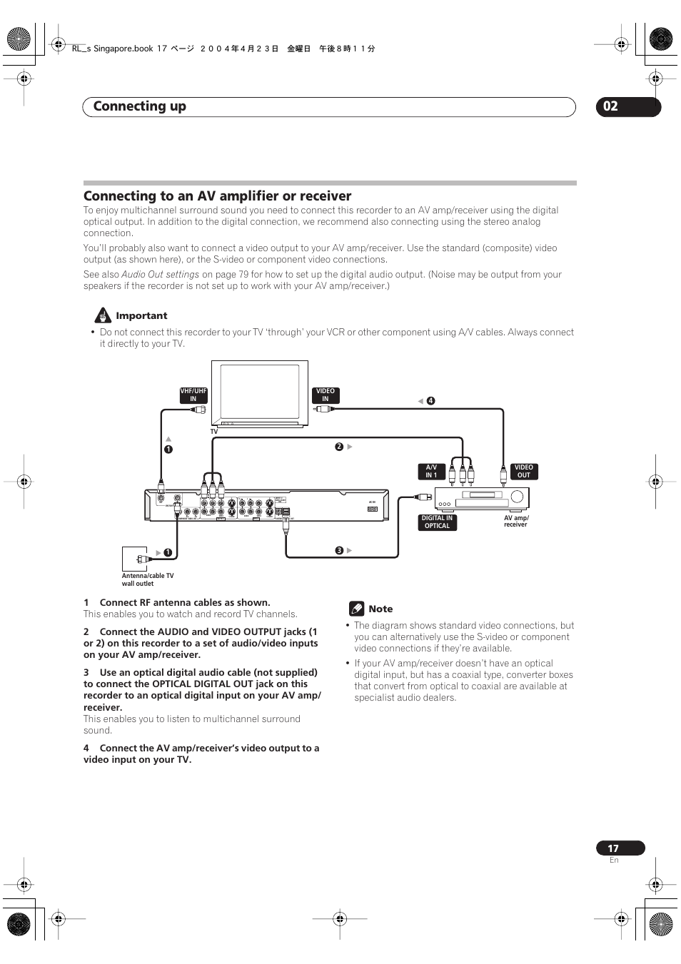 Connecting to an av amplifier or receiver, Connecting up 02 | Pioneer DVR-320-S User Manual | Page 17 / 100