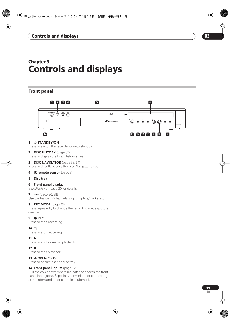 03 controls and displays, Front panel, Controls and displays | Controls and displays 03, Chapter 3 | Pioneer DVR-320-S User Manual | Page 19 / 100