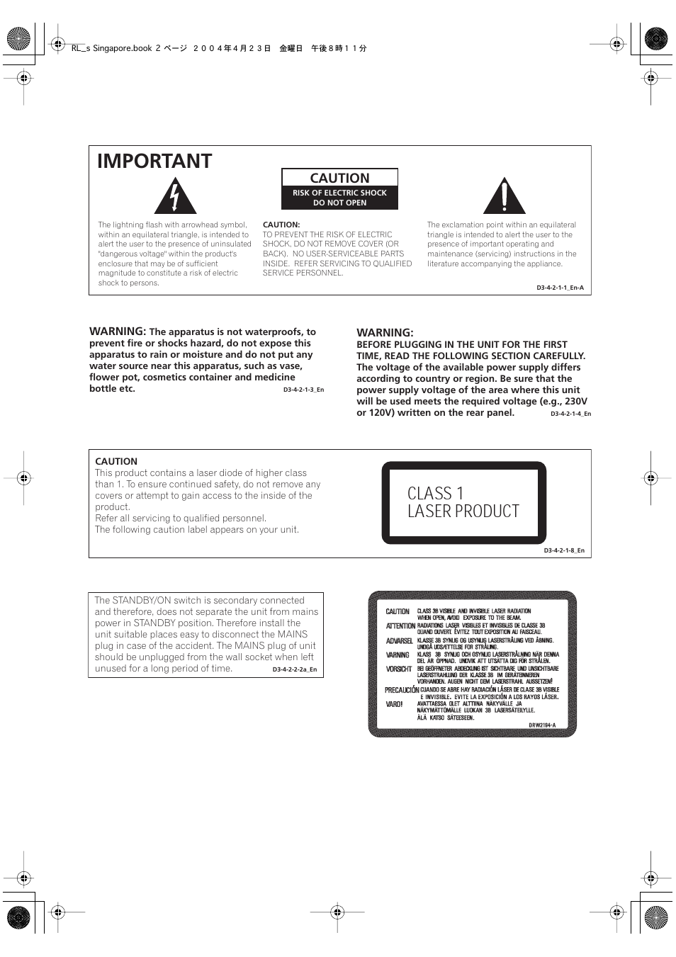 Important, Class 1 laser product, Caution | Pioneer DVR-320-S User Manual | Page 2 / 100