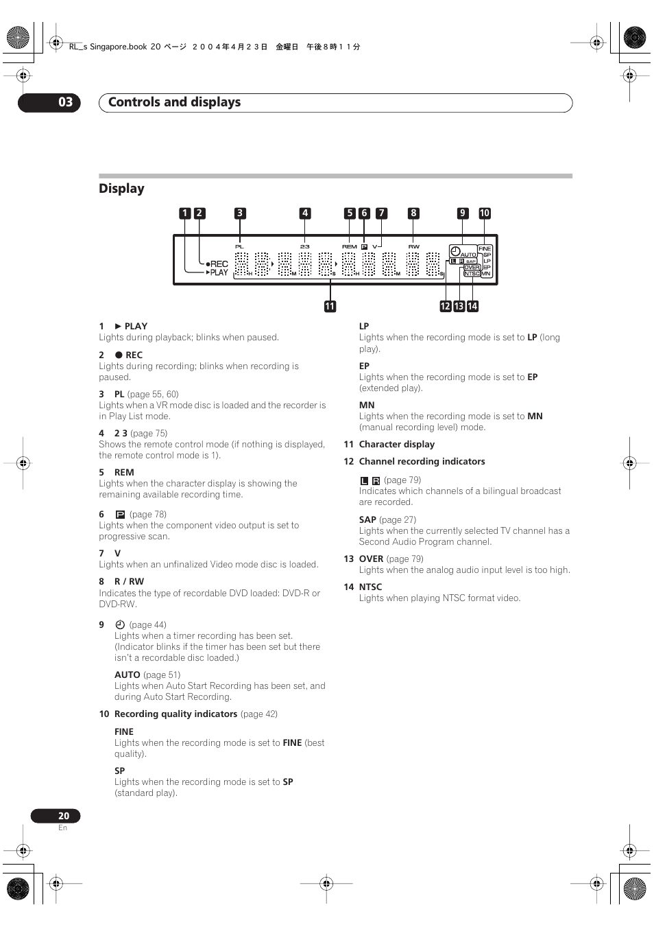 Display, Controls and displays 03 | Pioneer DVR-320-S User Manual | Page 20 / 100