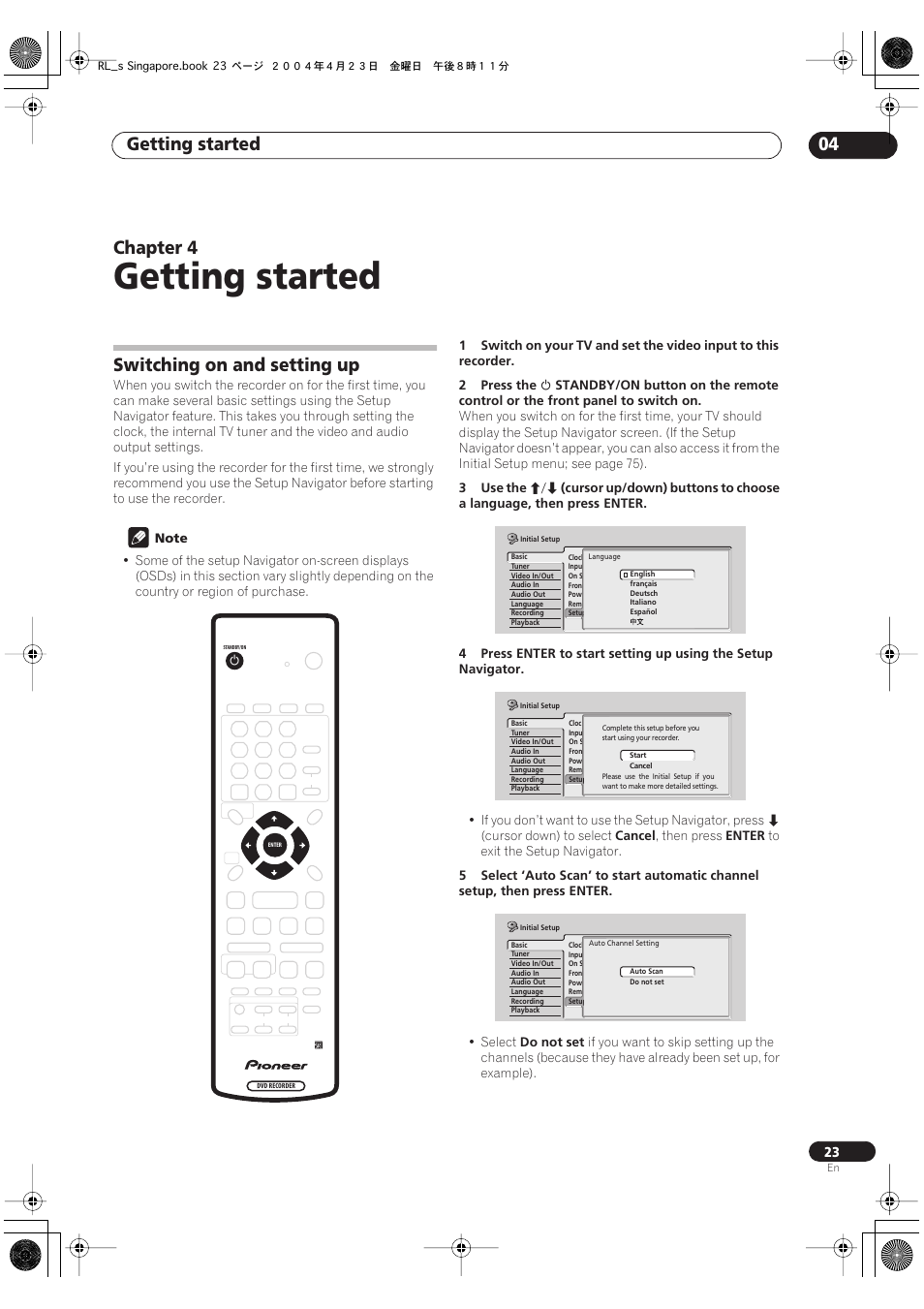 04 getting started, Switching on and setting up, Getting started | Getting started 04, Chapter 4 | Pioneer DVR-320-S User Manual | Page 23 / 100
