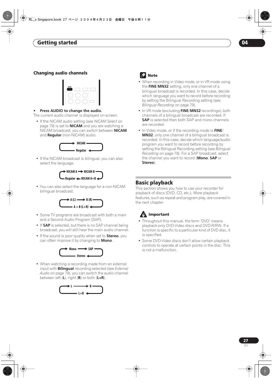 Basic playback, Getting started 04 | Pioneer DVR-320-S User Manual | Page 27 / 100