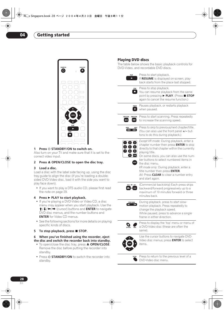 Getting started 04, Playing dvd discs | Pioneer DVR-320-S User Manual | Page 28 / 100