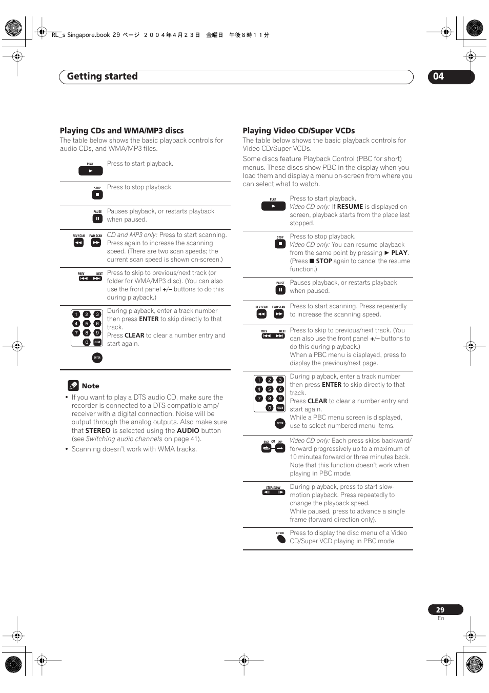 Getting started 04, Playing cds and wma/mp3 discs, Playing video cd/super vcds | Pioneer DVR-320-S User Manual | Page 29 / 100