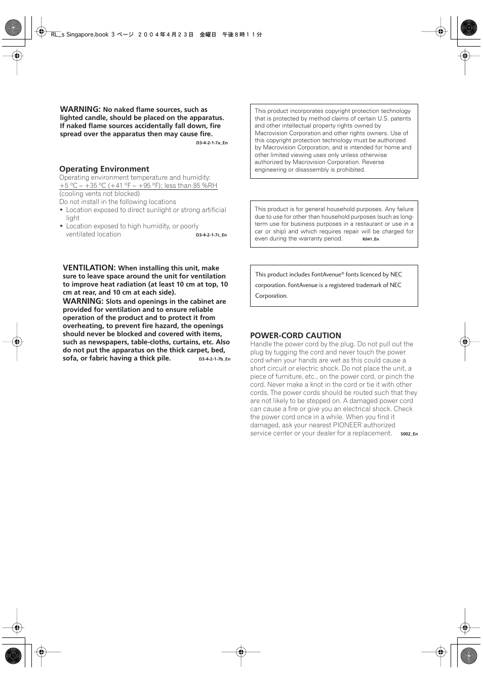 Warning, Ventilation, Operating environment | Power-cord caution | Pioneer DVR-320-S User Manual | Page 3 / 100