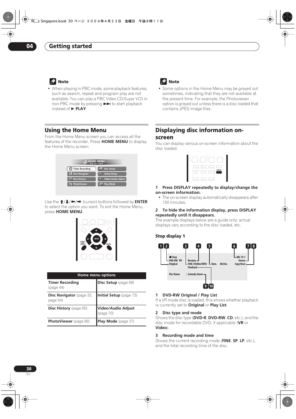 Using the home menu, Displaying disc information on-screen, Getting started 04 | Displaying disc information on- screen | Pioneer DVR-320-S User Manual | Page 30 / 100