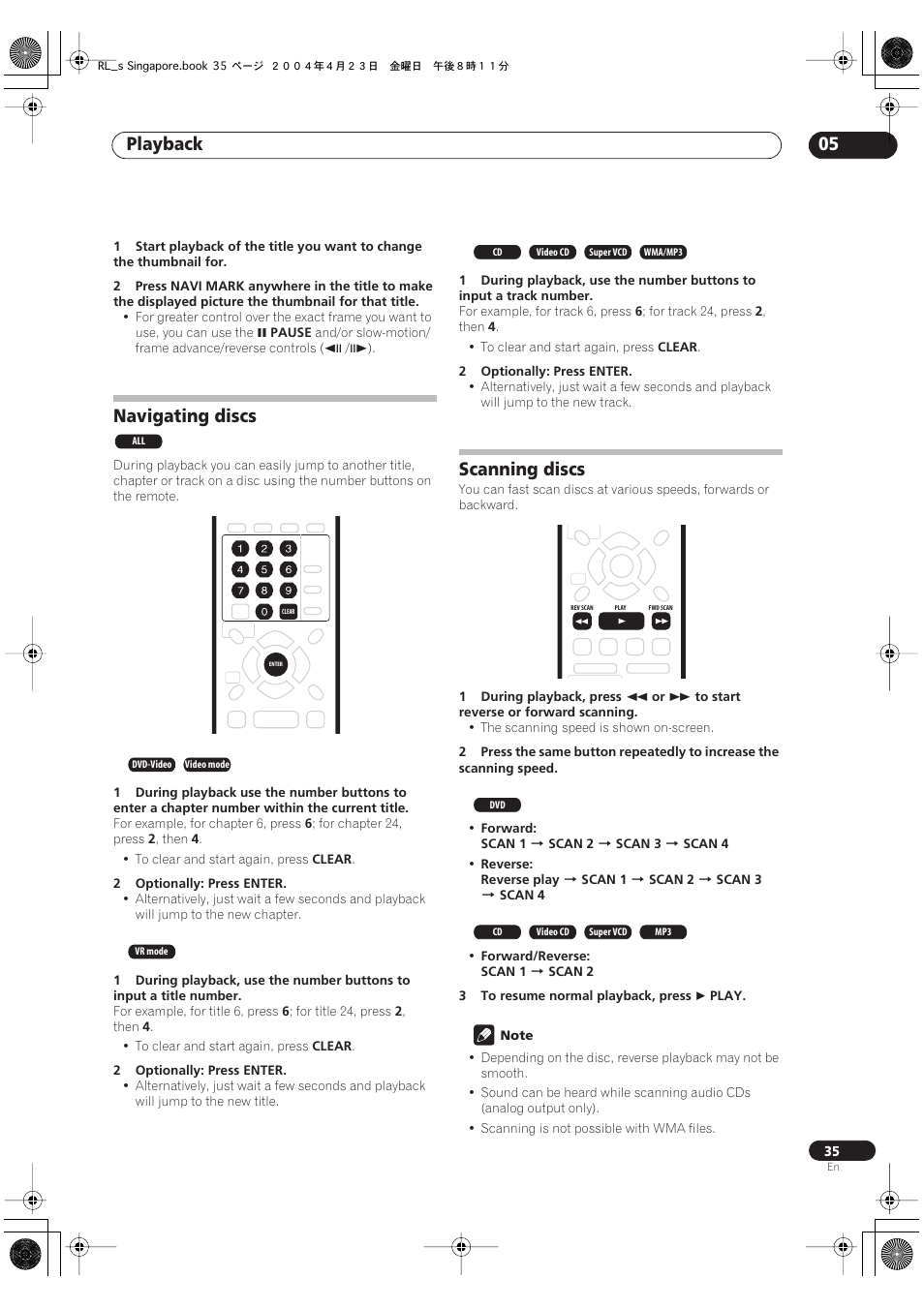 Navigating discs, Scanning discs, Playback 05 | Pioneer DVR-320-S User Manual | Page 35 / 100