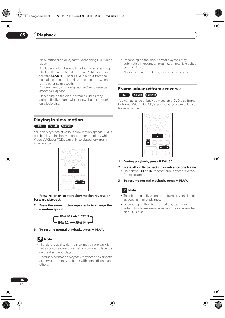 Playing in slow motion, Frame advance/frame reverse, Playback 05 | Pioneer DVR-320-S User Manual | Page 36 / 100