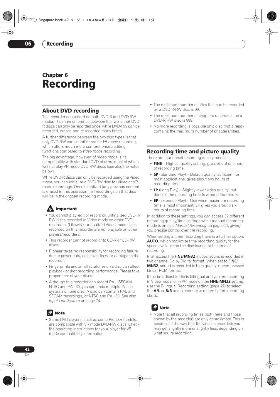 06 recording, About dvd recording, Recording time and picture quality | Recording, Recording 06, Chapter 6 | Pioneer DVR-320-S User Manual | Page 42 / 100