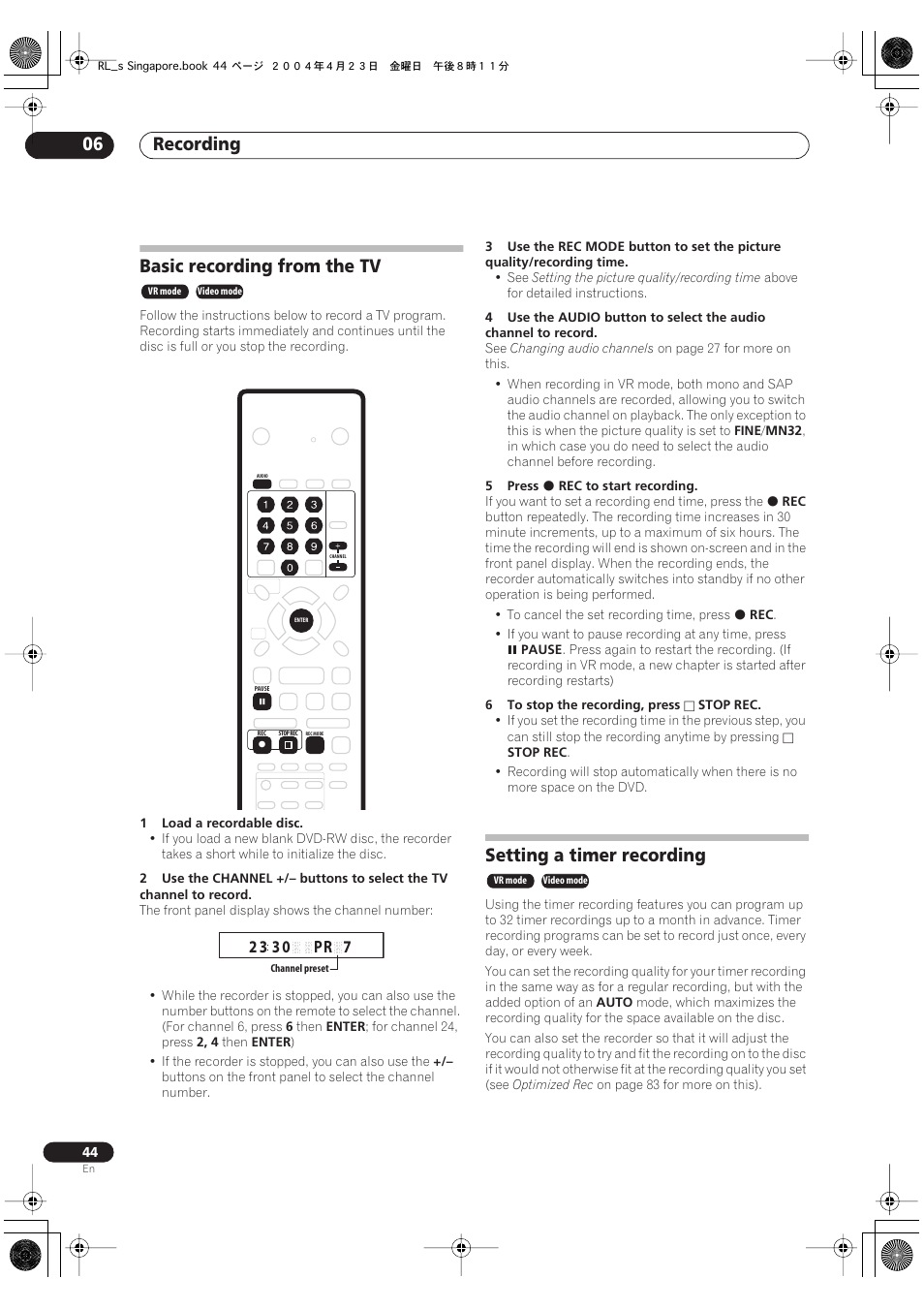 Basic recording from the tv, Setting a timer recording, Recording 06 | Pioneer DVR-320-S User Manual | Page 44 / 100