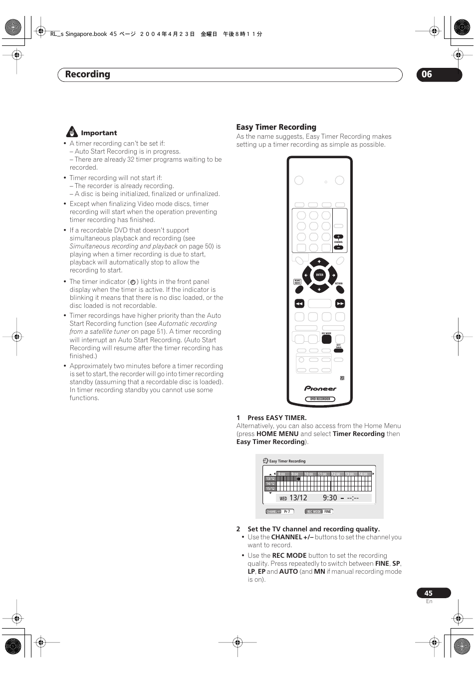 Recording 06, Easy timer recording | Pioneer DVR-320-S User Manual | Page 45 / 100