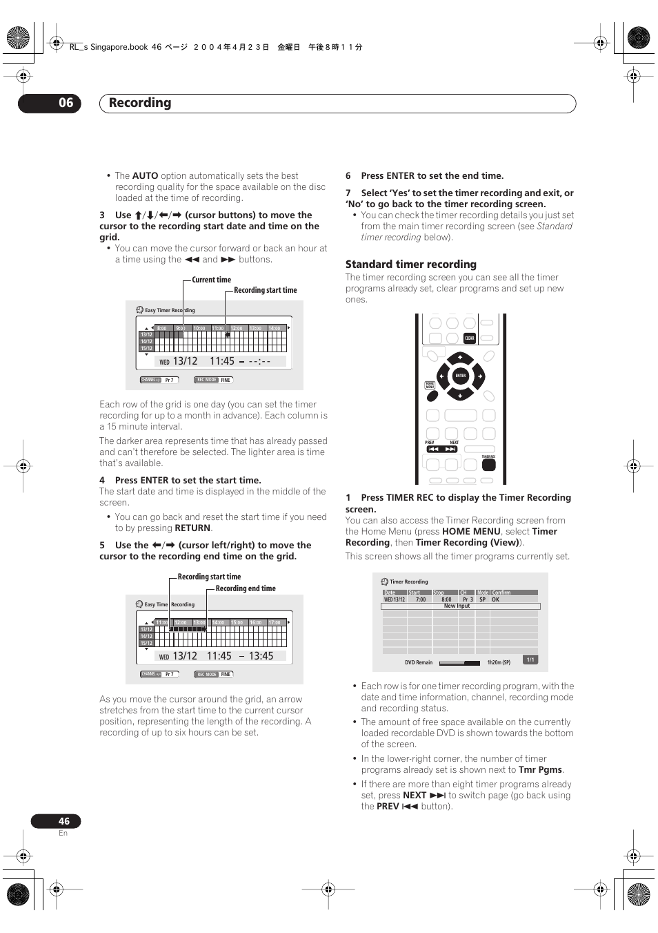 Recording 06, Standard timer recording | Pioneer DVR-320-S User Manual | Page 46 / 100