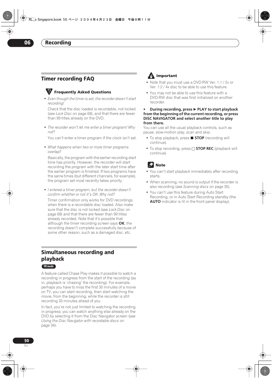 Timer recording faq, Simultaneous recording and playback, Recording 06 | Pioneer DVR-320-S User Manual | Page 50 / 100