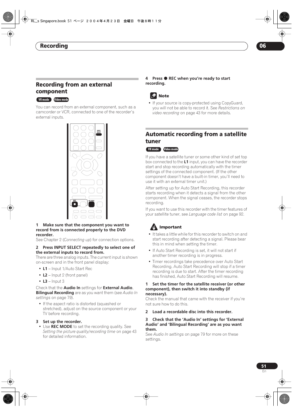 Recording from an external component, Automatic recording from a satellite tuner, Recording 06 | Pioneer DVR-320-S User Manual | Page 51 / 100