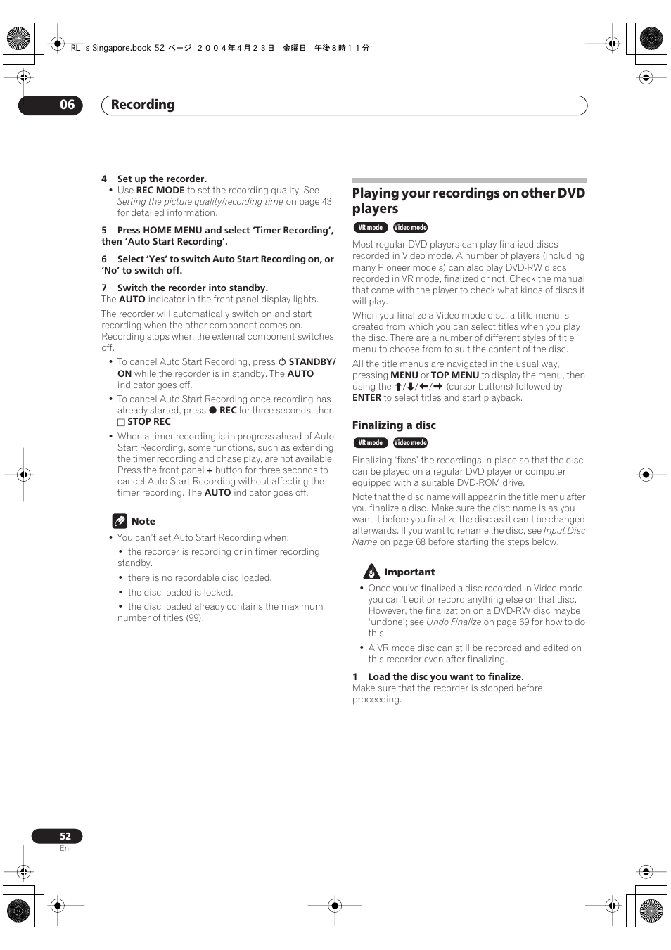 Playing your recordings on other dvd players, Recording 06 | Pioneer DVR-320-S User Manual | Page 52 / 100