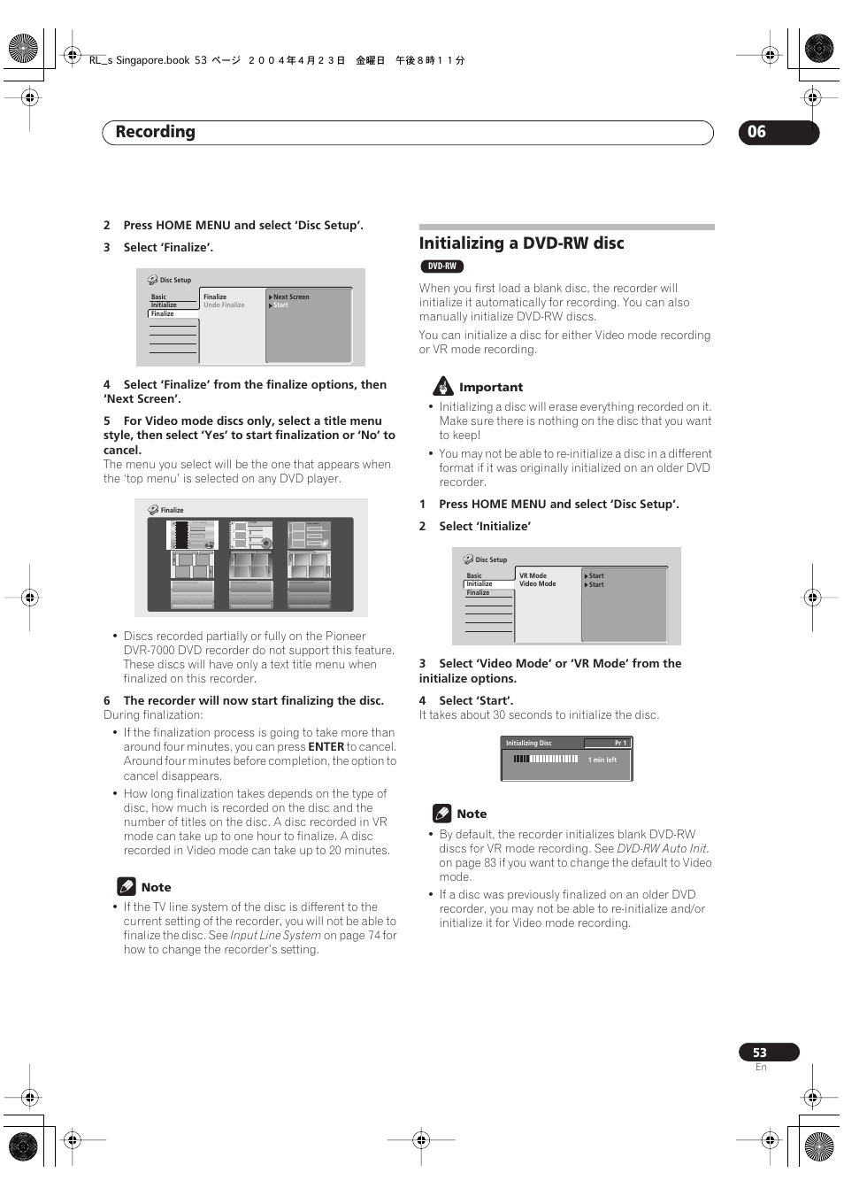 Initializing a dvd-rw disc, Recording 06 | Pioneer DVR-320-S User Manual | Page 53 / 100
