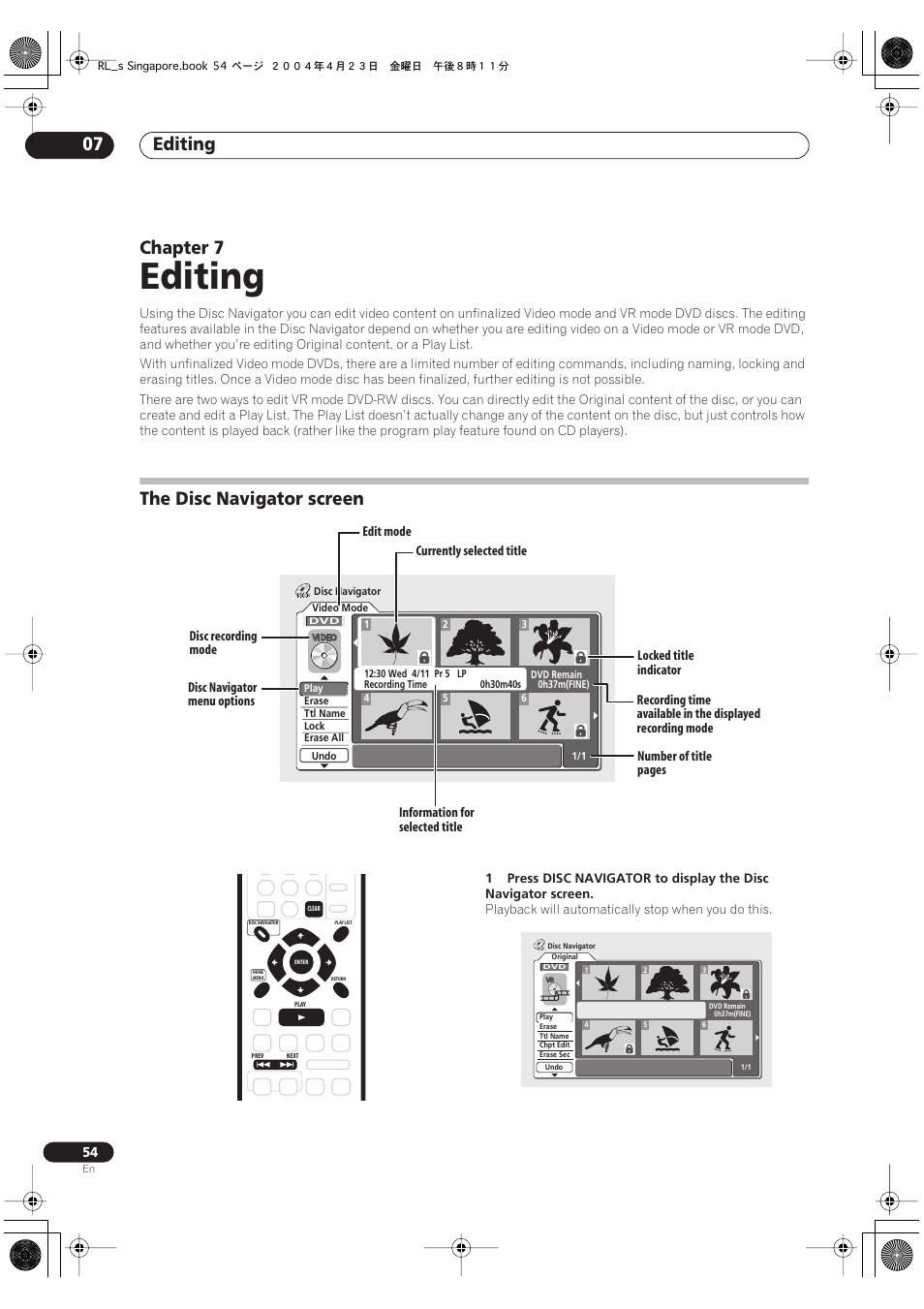 07 editing, The disc navigator screen, Editing | Editing 07, Chapter 7 | Pioneer DVR-320-S User Manual | Page 54 / 100