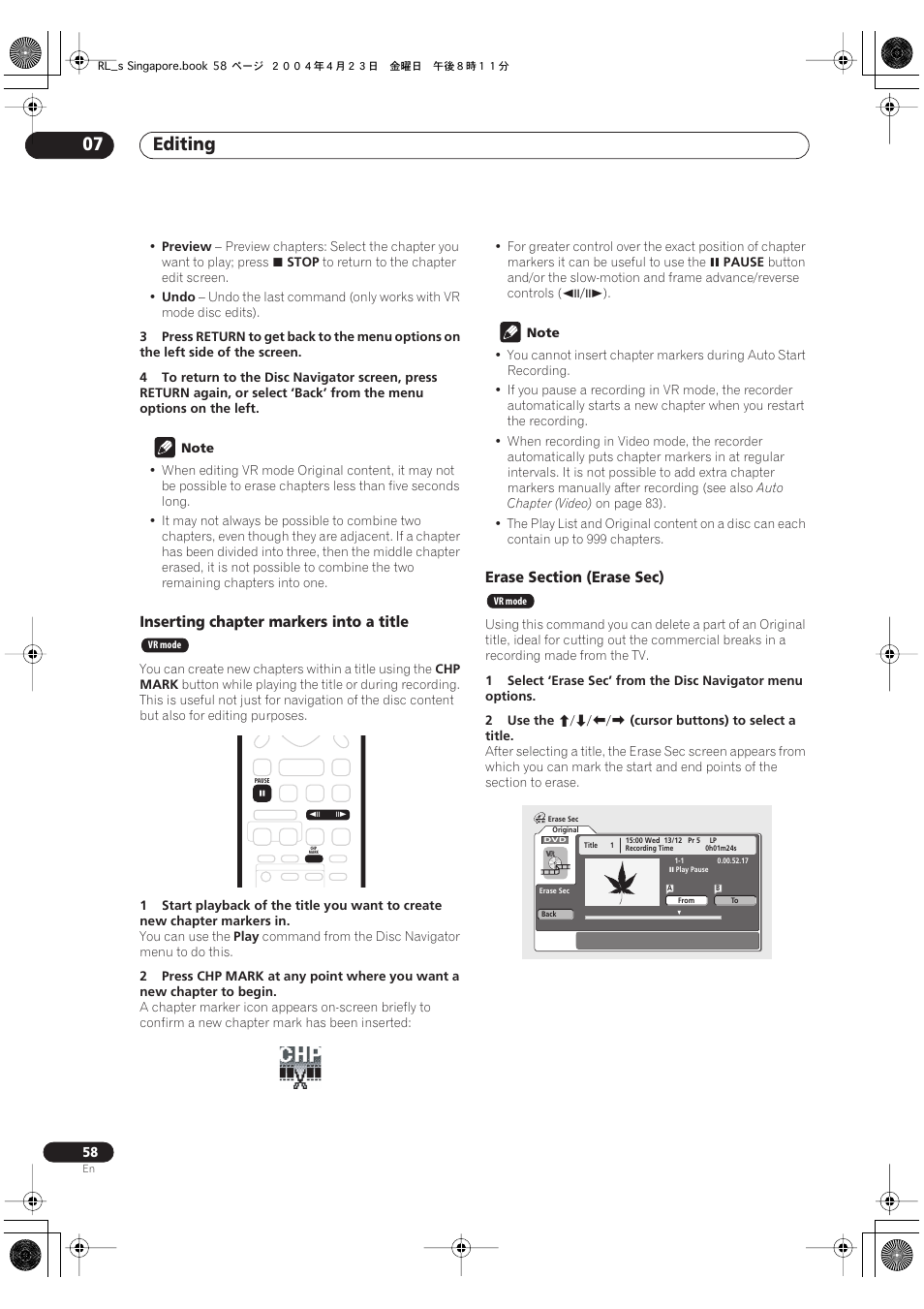 Editing 07, Inserting chapter markers into a title | Pioneer DVR-320-S User Manual | Page 58 / 100